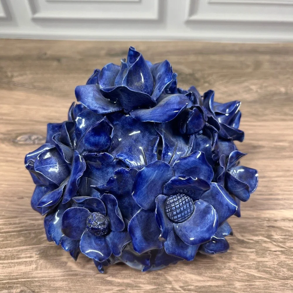 Italian Ceramic Floral Centerpiece Urn Blue White Roses Anemones Hand-Painted
